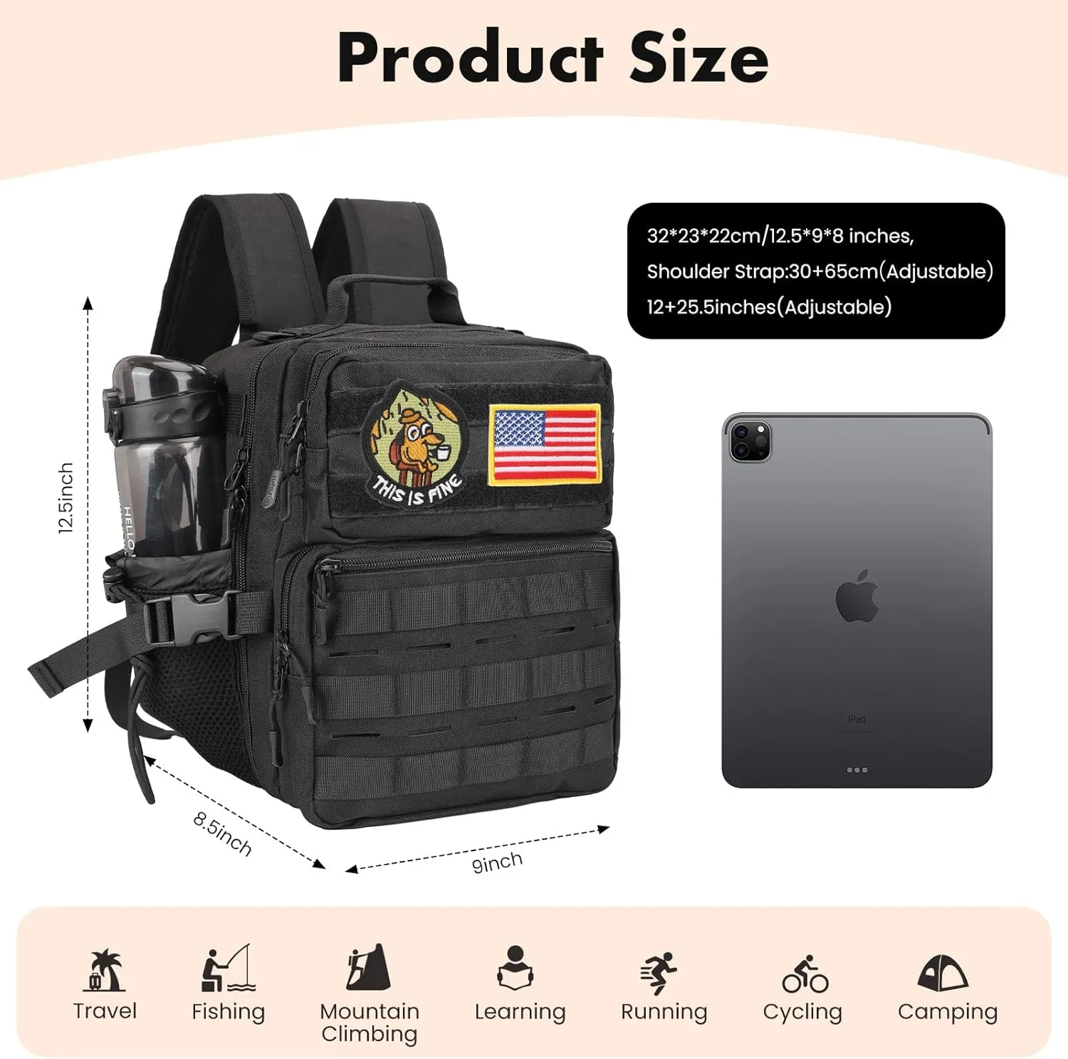 9L Mini Tactical Backpack Small Military Gym Bag for Men Women Molle Daypack Camping Backpack with Patch(Black)