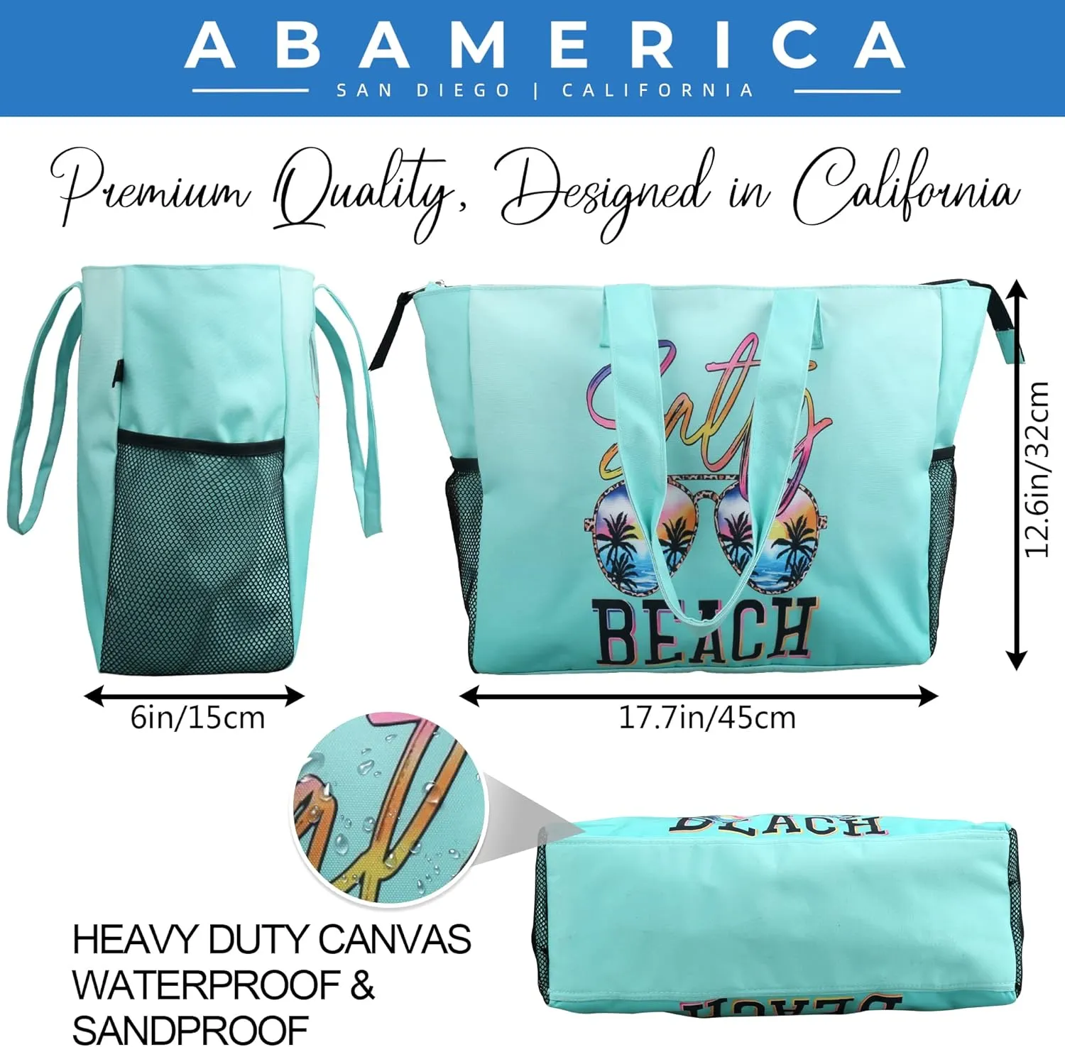 ABAMERICA Beach Bags Waterproof Sandproof Beach Tote Pool Bag with Zipper 7 Pockets Cosmetic Bag, Large Self Standing