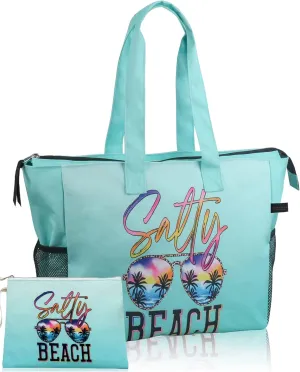 ABAMERICA Beach Bags Waterproof Sandproof Beach Tote Pool Bag with Zipper 7 Pockets Cosmetic Bag, Large Self Standing