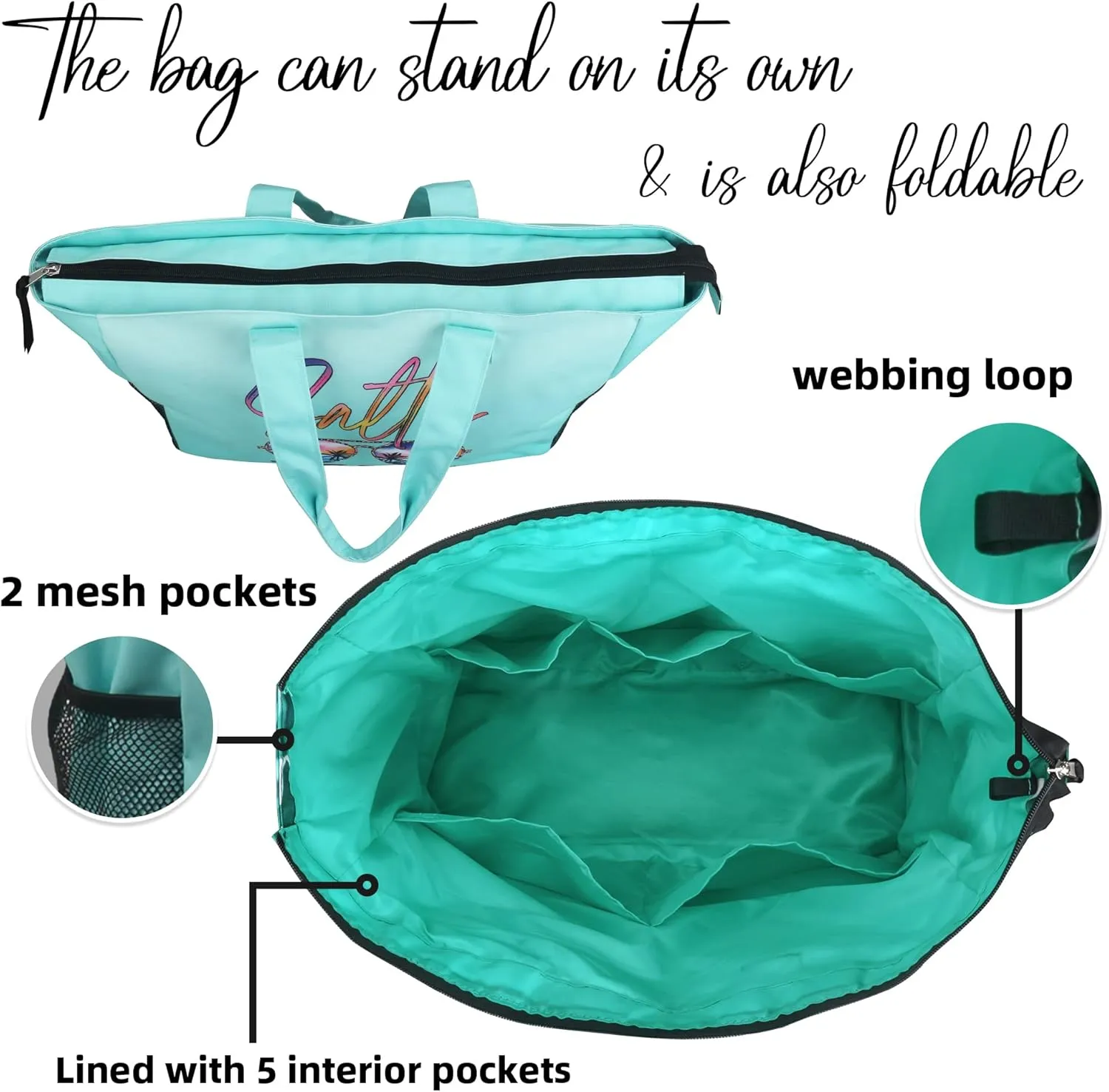 ABAMERICA Beach Bags Waterproof Sandproof Beach Tote Pool Bag with Zipper 7 Pockets Cosmetic Bag, Large Self Standing