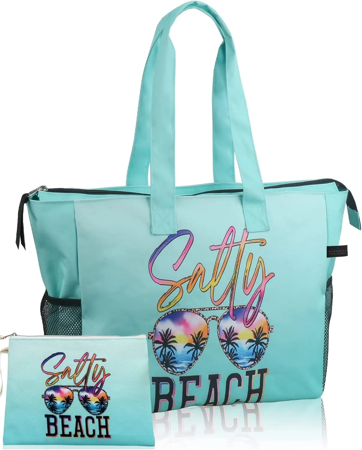 ABAMERICA Beach Bags Waterproof Sandproof Beach Tote Pool Bag with Zipper 7 Pockets Cosmetic Bag, Large Self Standing