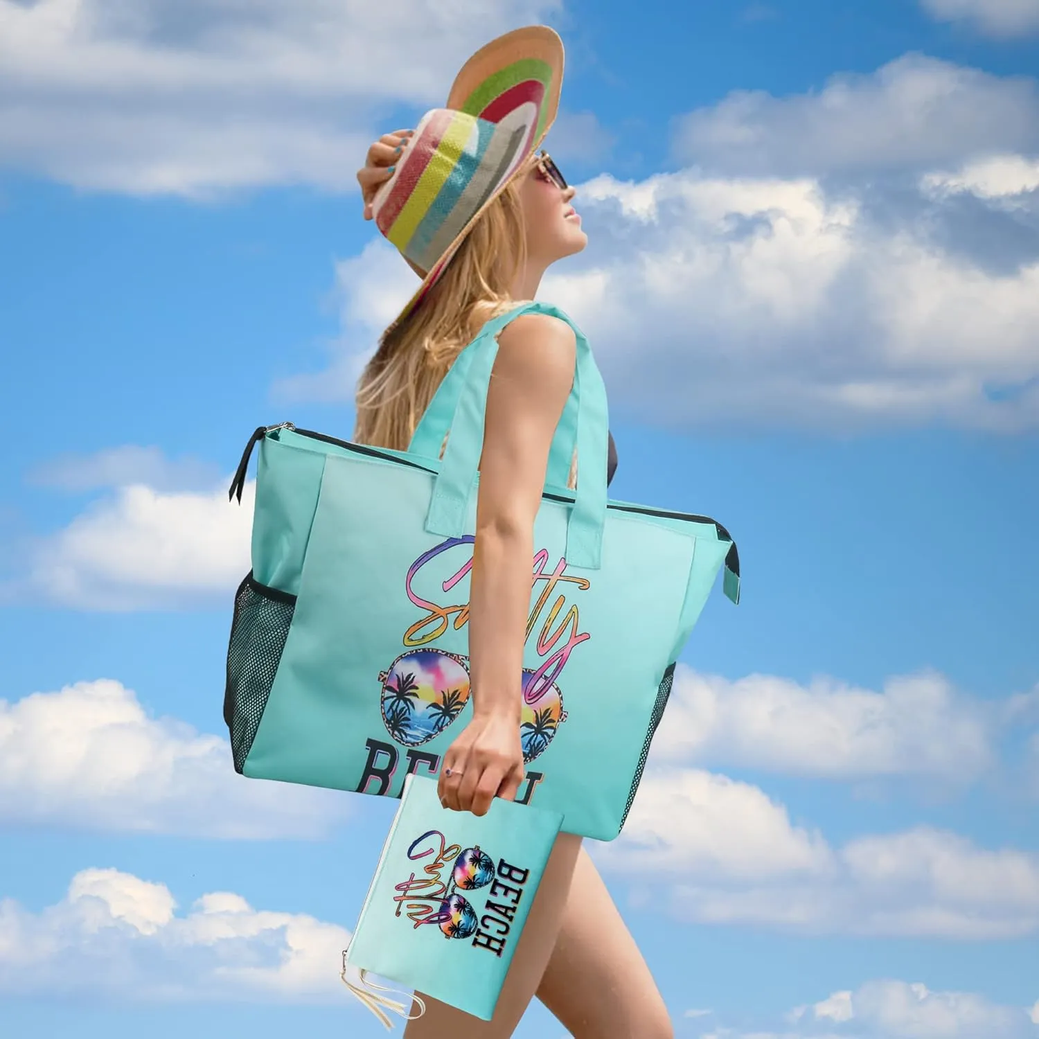 ABAMERICA Beach Bags Waterproof Sandproof Beach Tote Pool Bag with Zipper 7 Pockets Cosmetic Bag, Large Self Standing