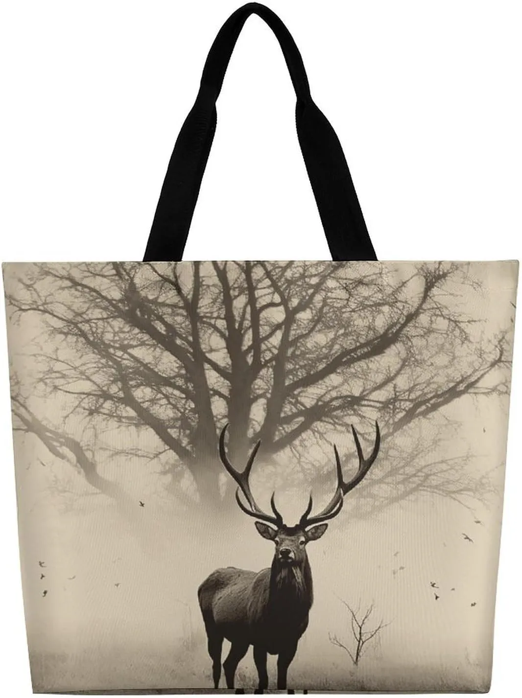 Abstract Tree Elk Picture Tote Bag Large Women Casual Shoulder Bag Reusable Grocery Bag Fasion Handbag for Office Shopping Travel
