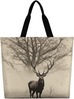 Abstract Tree Elk Picture Tote Bag Large Women Casual Shoulder Bag Reusable Grocery Bag Fasion Handbag for Office Shopping Travel