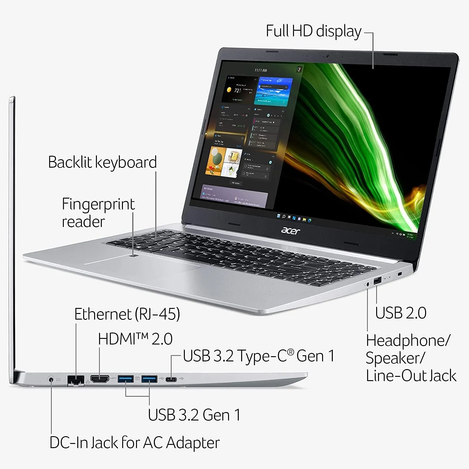 acer Aspire 5 A515-2022 New Laptop - 15.6" FHD IPS - 4-Core AMD Ryzen 7 3700U - 8GB DDR4 256GB SSD - AMD Radeon Graphics - Wi-Fi 6 - Backlit Keyboard - Fingerprint - Win10 Home - CCG 32GB USB