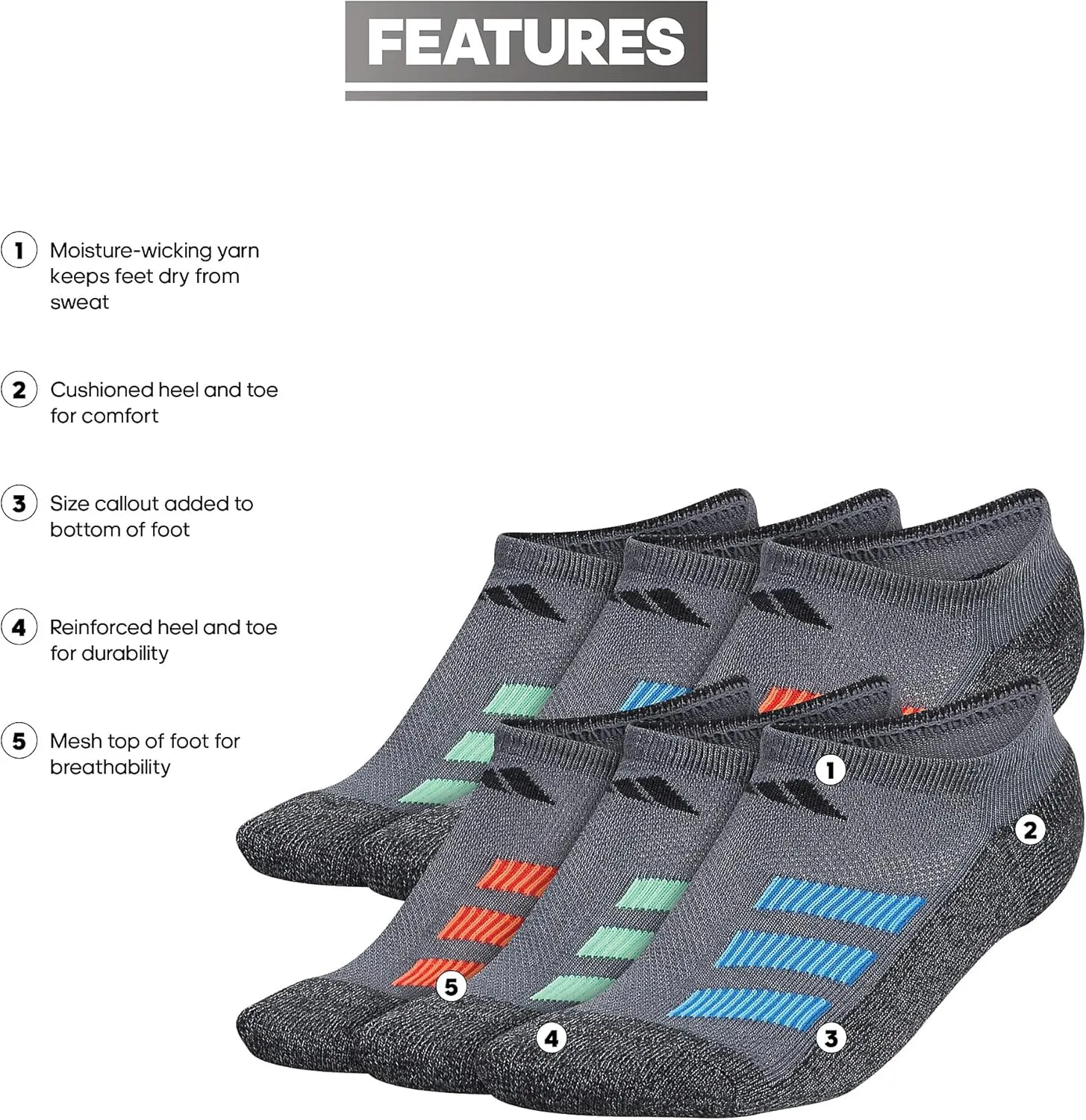 adidas Kids-Boy's/Girl's Cushioned Angle Stripe No Show Socks (6-Pair)