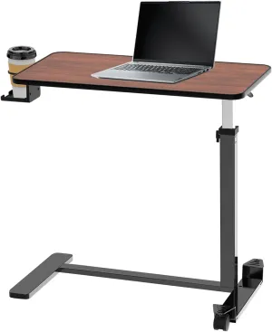 Adjustable Overbed Table with Invisible and Lockable Wheels ，Bedside Table with Cup Holder，Standing Desk for Medical or Home use Rosewood Color（30.3" W x 15.3" D）