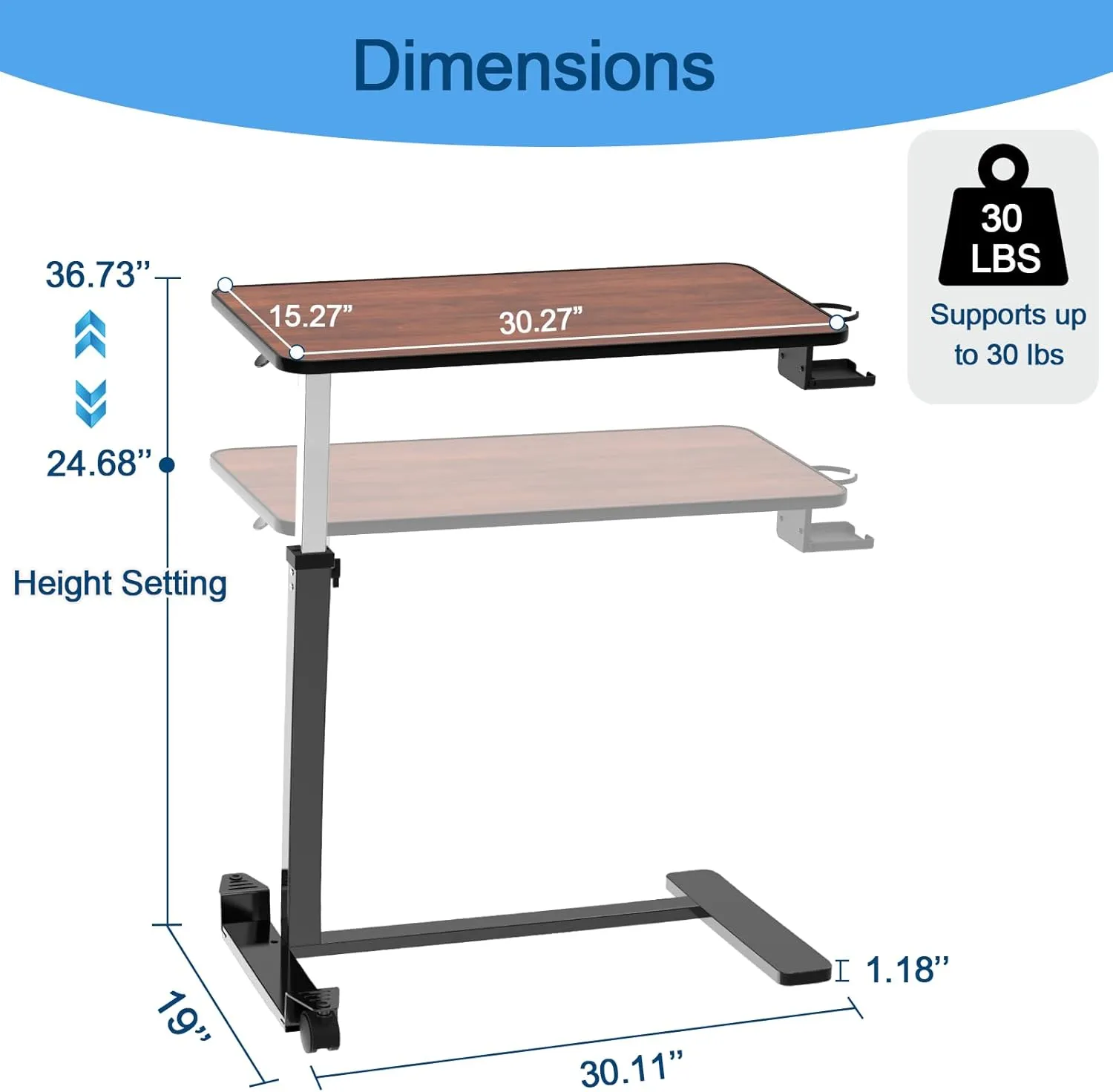 Adjustable Overbed Table with Invisible and Lockable Wheels ，Bedside Table with Cup Holder，Standing Desk for Medical or Home use Rosewood Color（30.3" W x 15.3" D）