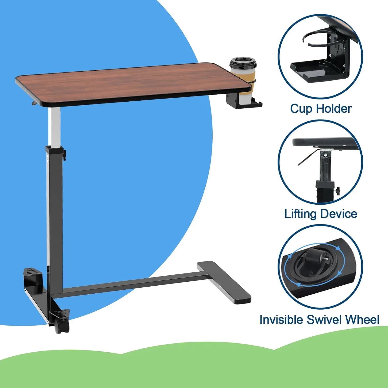 Adjustable Overbed Table with Invisible and Lockable Wheels ，Bedside Table with Cup Holder，Standing Desk for Medical or Home use Rosewood Color（30.3" W x 15.3" D）
