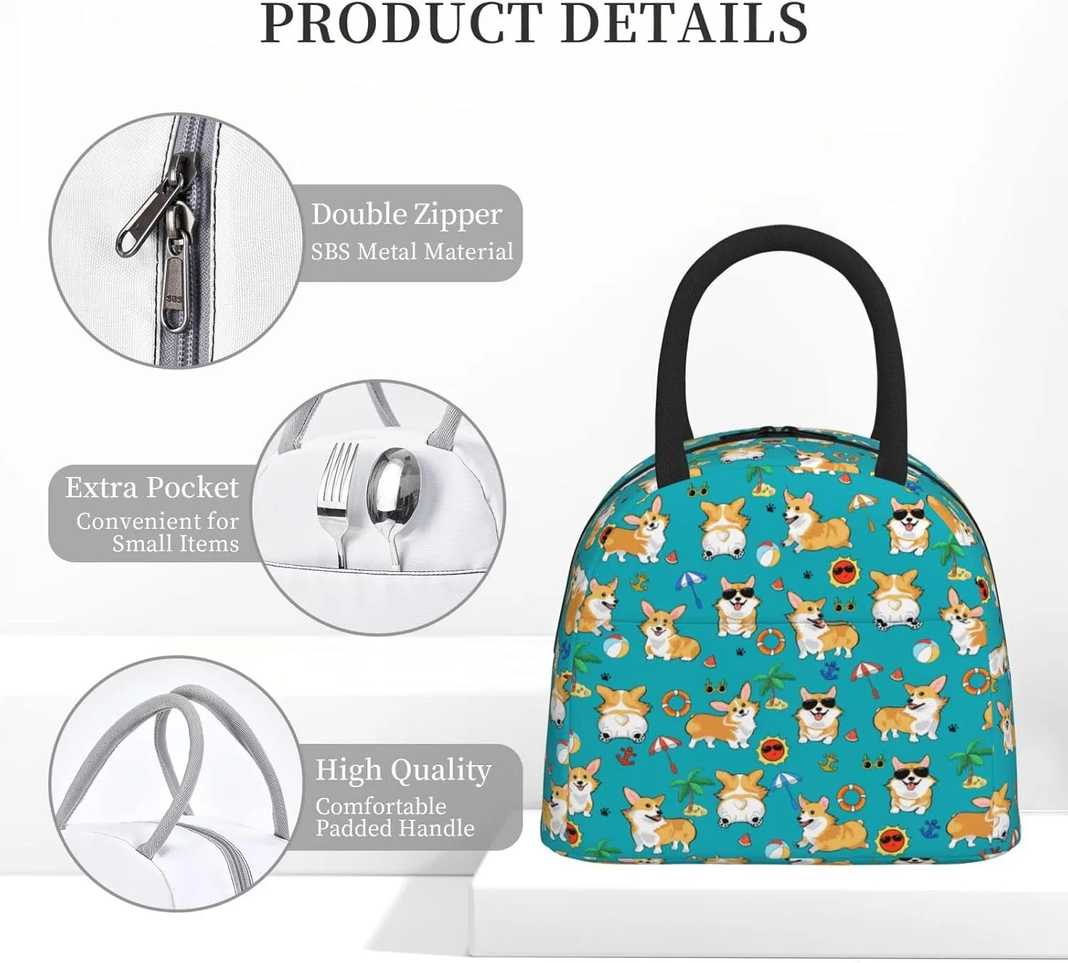 Aeoiba Beach Day Corgi Insulated Lunch Bag Tote Handbag lunchbox Food Container Gourmet Tote Cooler warm Pouch For School work Office