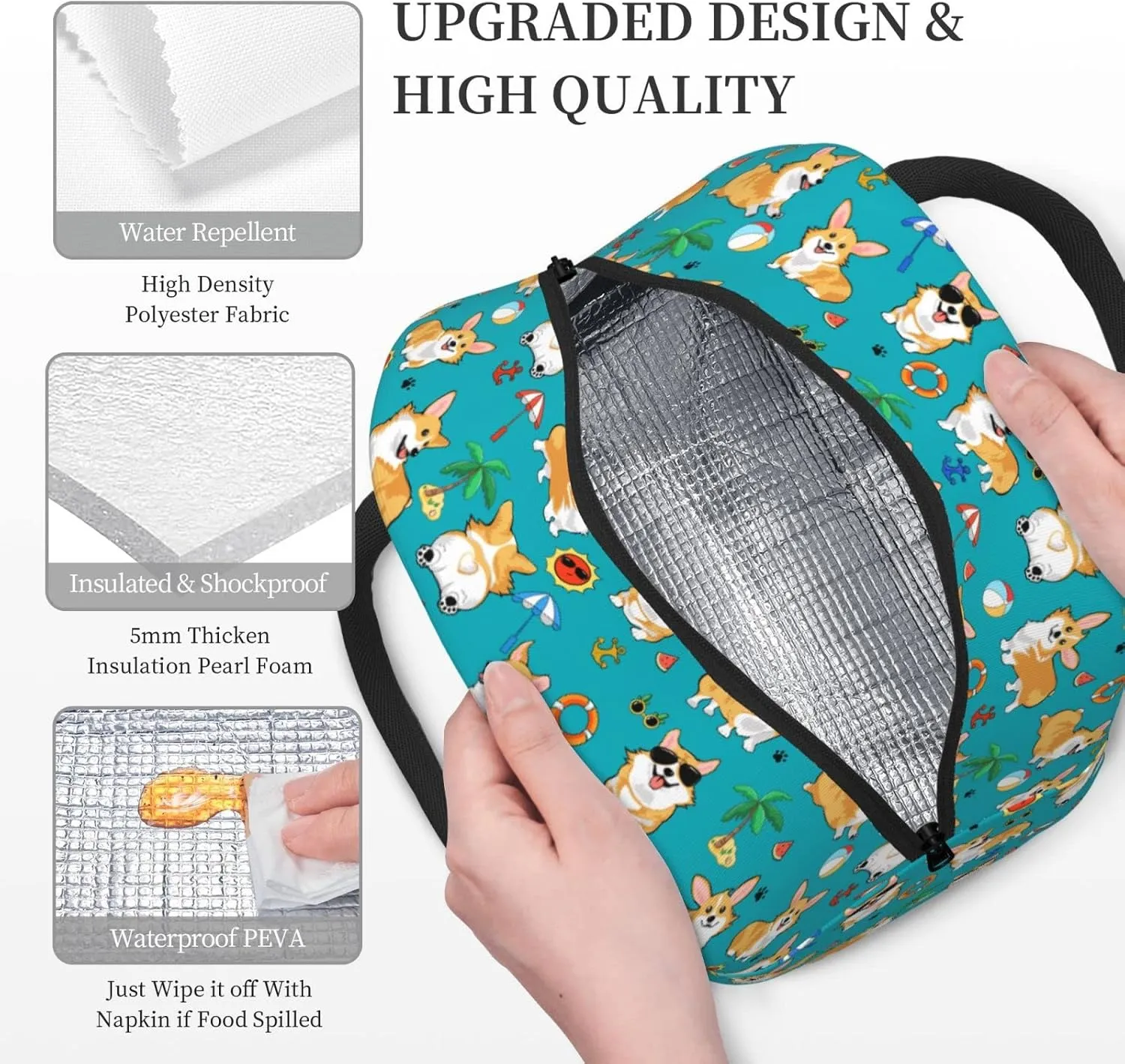 Aeoiba Beach Day Corgi Insulated Lunch Bag Tote Handbag lunchbox Food Container Gourmet Tote Cooler warm Pouch For School work Office