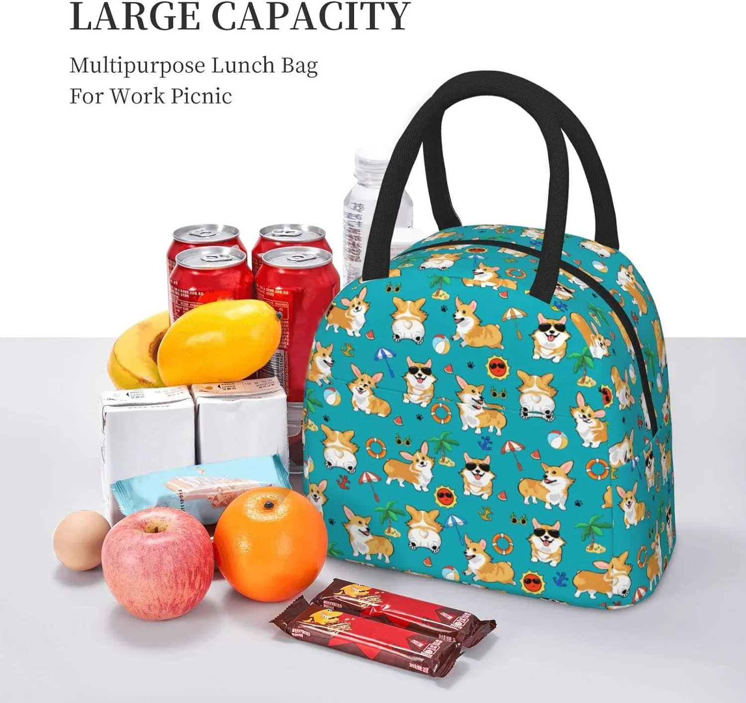 Aeoiba Beach Day Corgi Insulated Lunch Bag Tote Handbag lunchbox Food Container Gourmet Tote Cooler warm Pouch For School work Office