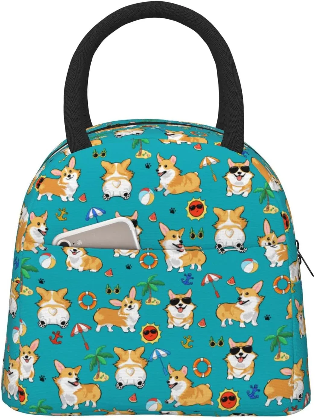 Aeoiba Beach Day Corgi Insulated Lunch Bag Tote Handbag lunchbox Food Container Gourmet Tote Cooler warm Pouch For School work Office