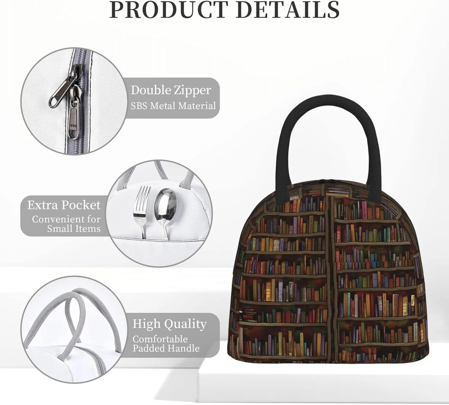 Aeoiba Vintage Library Bookshelf Bookcase Insulated Lunch Box Tote Bag Handbag lunchbox Food Container Gourmet Tote Cooler warm Pouch For School work Office