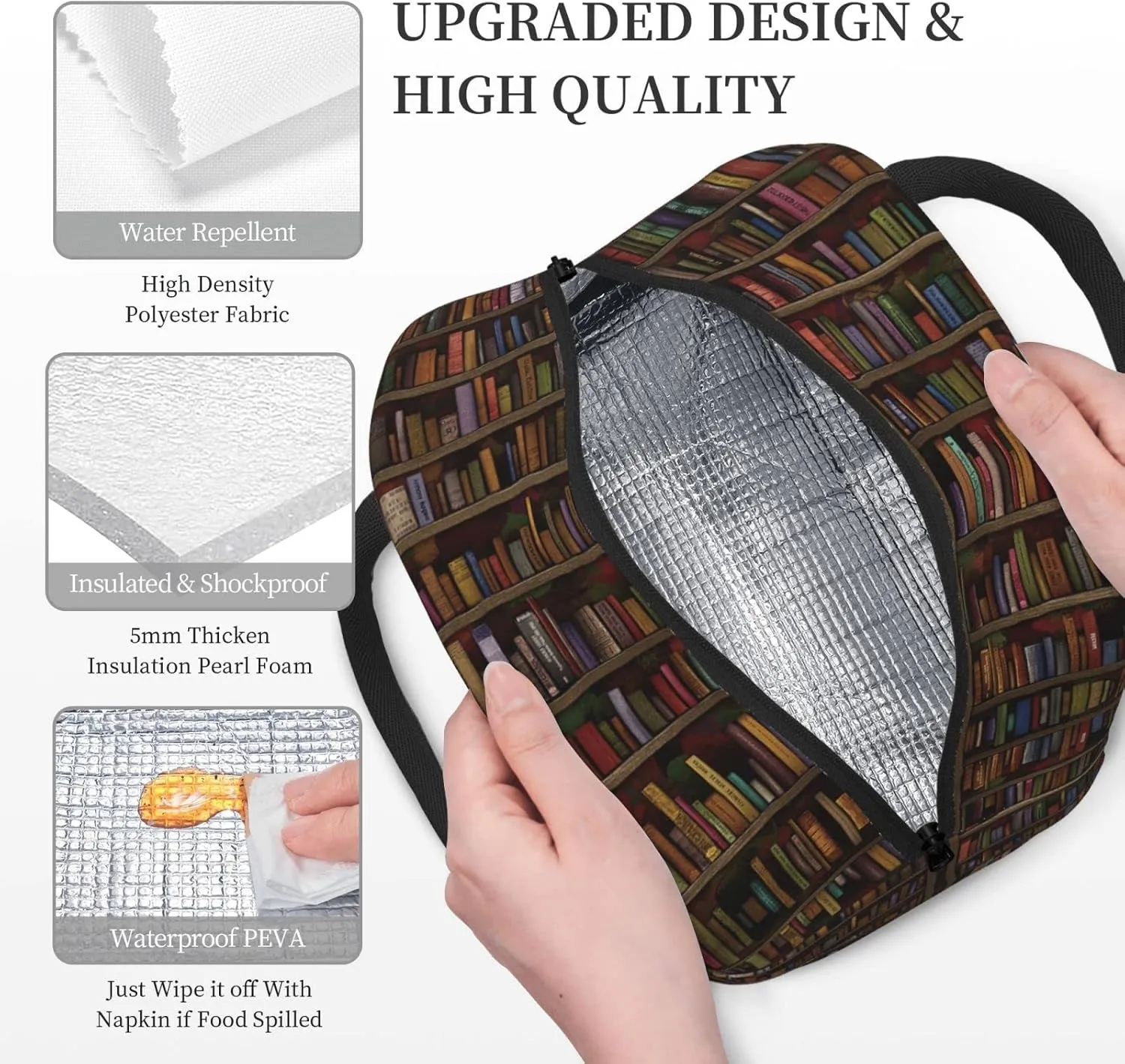 Aeoiba Vintage Library Bookshelf Bookcase Insulated Lunch Box Tote Bag Handbag lunchbox Food Container Gourmet Tote Cooler warm Pouch For School work Office