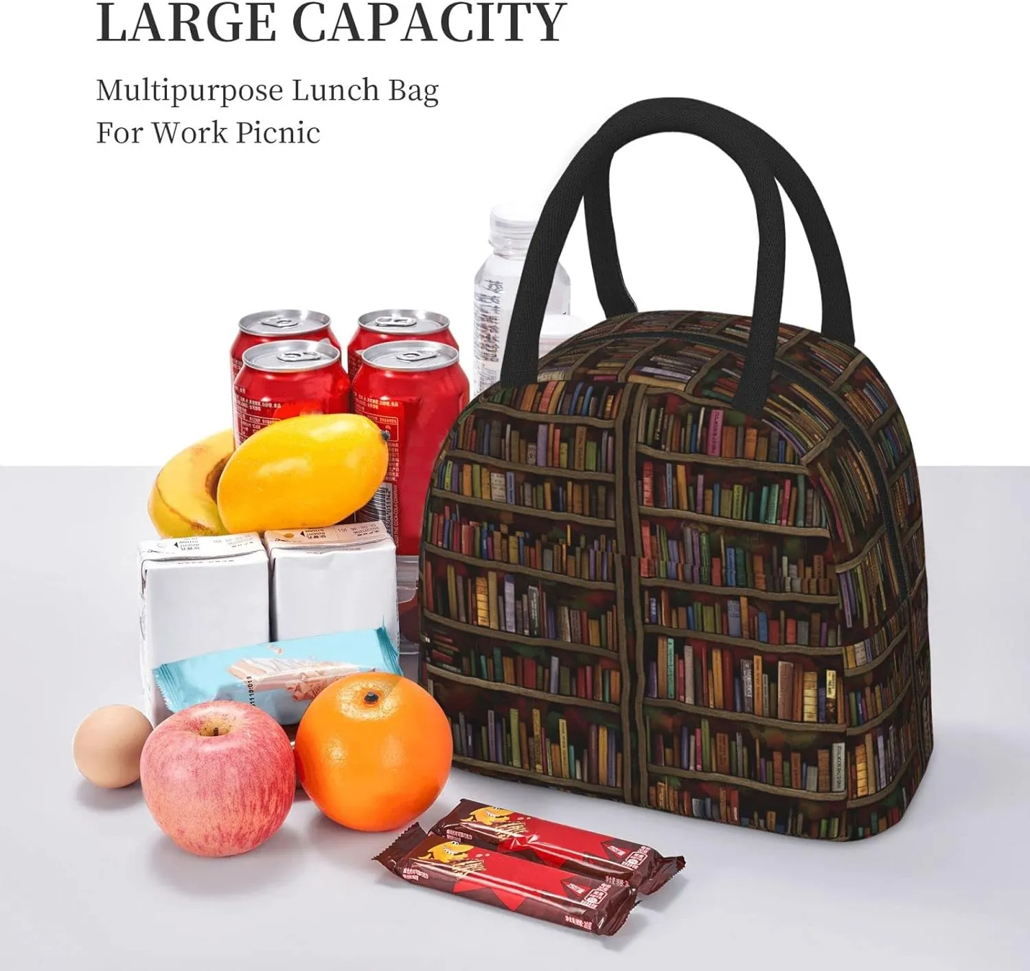 Aeoiba Vintage Library Bookshelf Bookcase Insulated Lunch Box Tote Bag Handbag lunchbox Food Container Gourmet Tote Cooler warm Pouch For School work Office