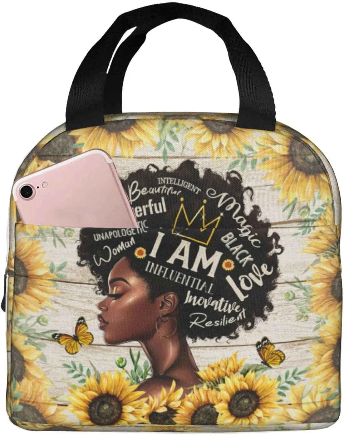 African American Black Woman Lunch Bag African American Women Lunch Box Sunflower Insulated Lunch Bag For Office Work Picnic Travel
