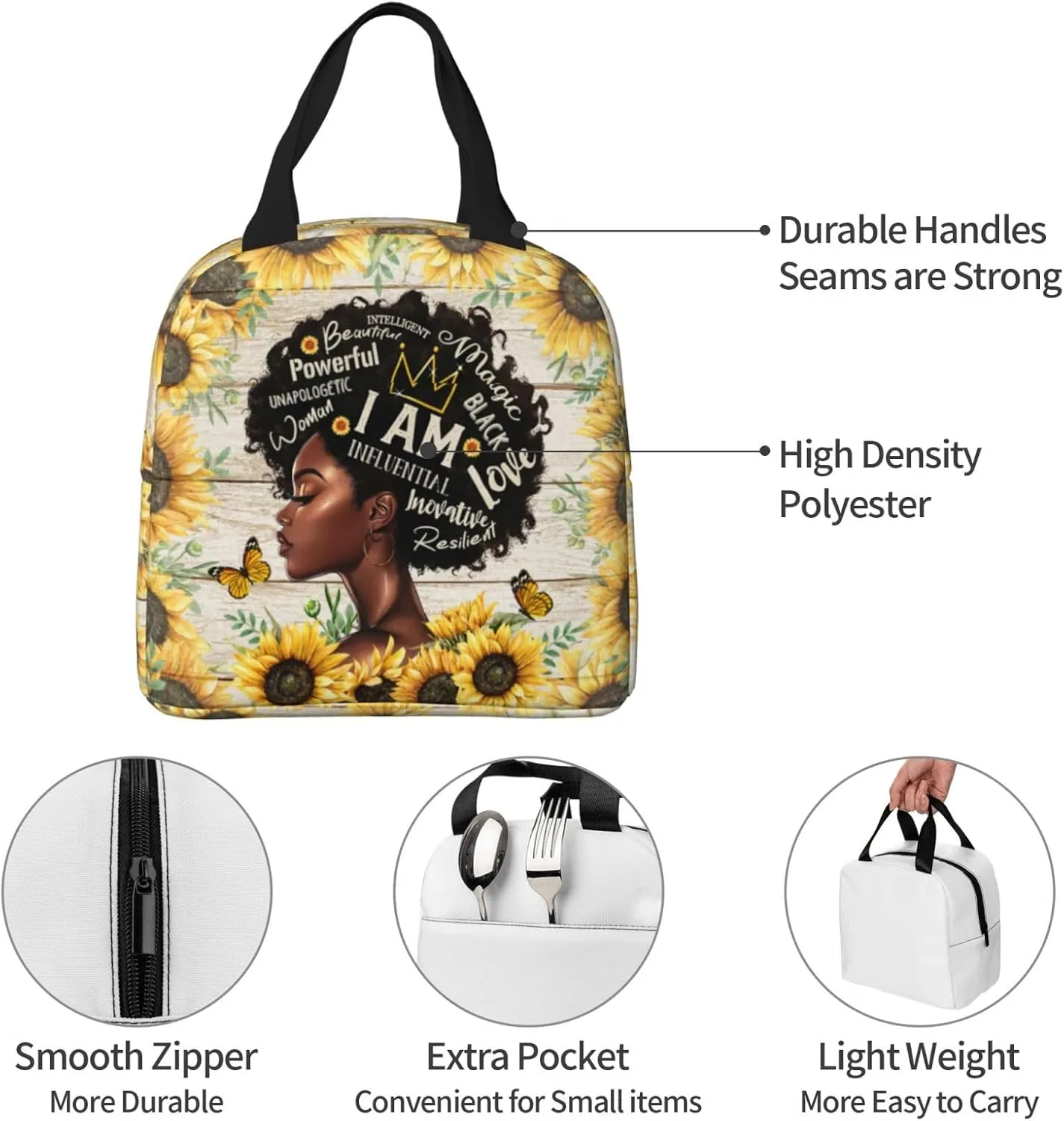 African American Black Woman Lunch Bag African American Women Lunch Box Sunflower Insulated Lunch Bag For Office Work Picnic Travel