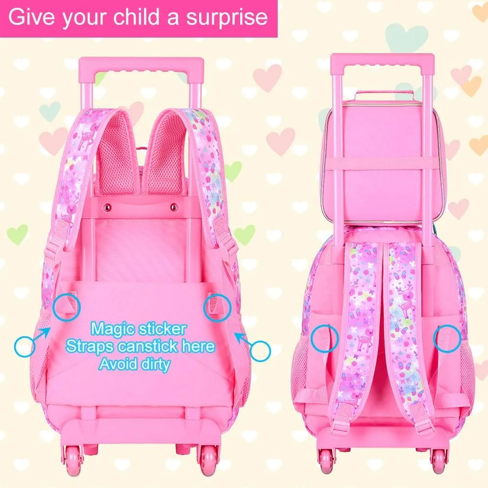 AGSDON 3PCS Kids Rolling Backpack, Girls Roller Wheels Bookbag, Wheeled Elementary School Bag with Lunch Bag - Deer