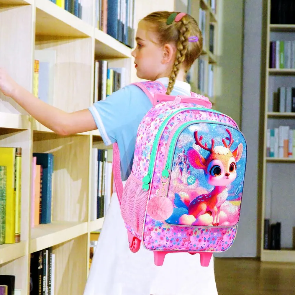 AGSDON 3PCS Kids Rolling Backpack, Girls Roller Wheels Bookbag, Wheeled Elementary School Bag with Lunch Bag - Deer