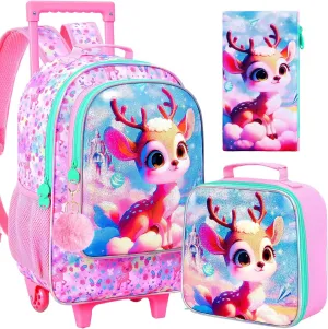 AGSDON 3PCS Kids Rolling Backpack, Girls Roller Wheels Bookbag, Wheeled Elementary School Bag with Lunch Bag - Deer