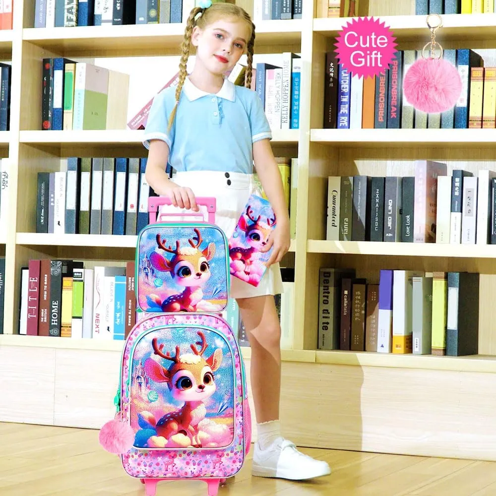 AGSDON 3PCS Kids Rolling Backpack, Girls Roller Wheels Bookbag, Wheeled Elementary School Bag with Lunch Bag - Deer