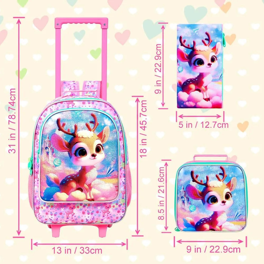 AGSDON 3PCS Kids Rolling Backpack, Girls Roller Wheels Bookbag, Wheeled Elementary School Bag with Lunch Bag - Deer