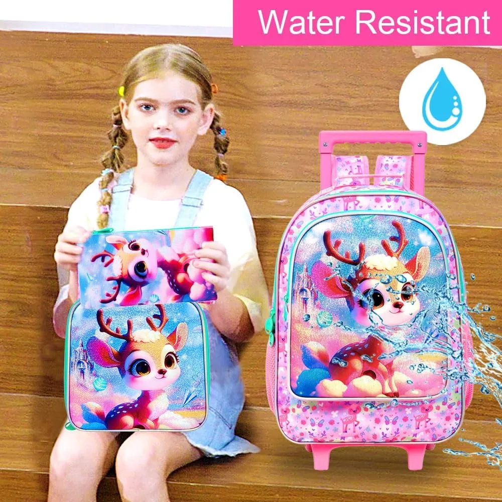 AGSDON 3PCS Kids Rolling Backpack, Girls Roller Wheels Bookbag, Wheeled Elementary School Bag with Lunch Bag - Deer