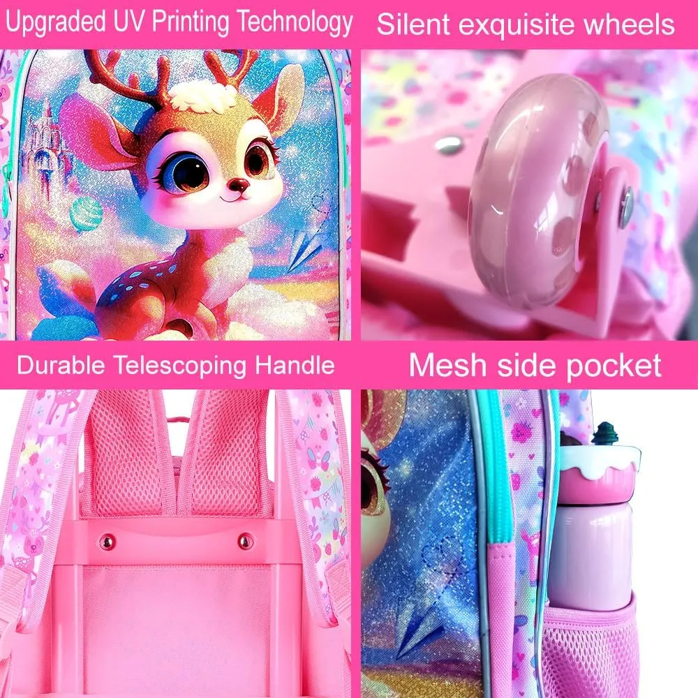 AGSDON 3PCS Kids Rolling Backpack, Girls Roller Wheels Bookbag, Wheeled Elementary School Bag with Lunch Bag - Deer