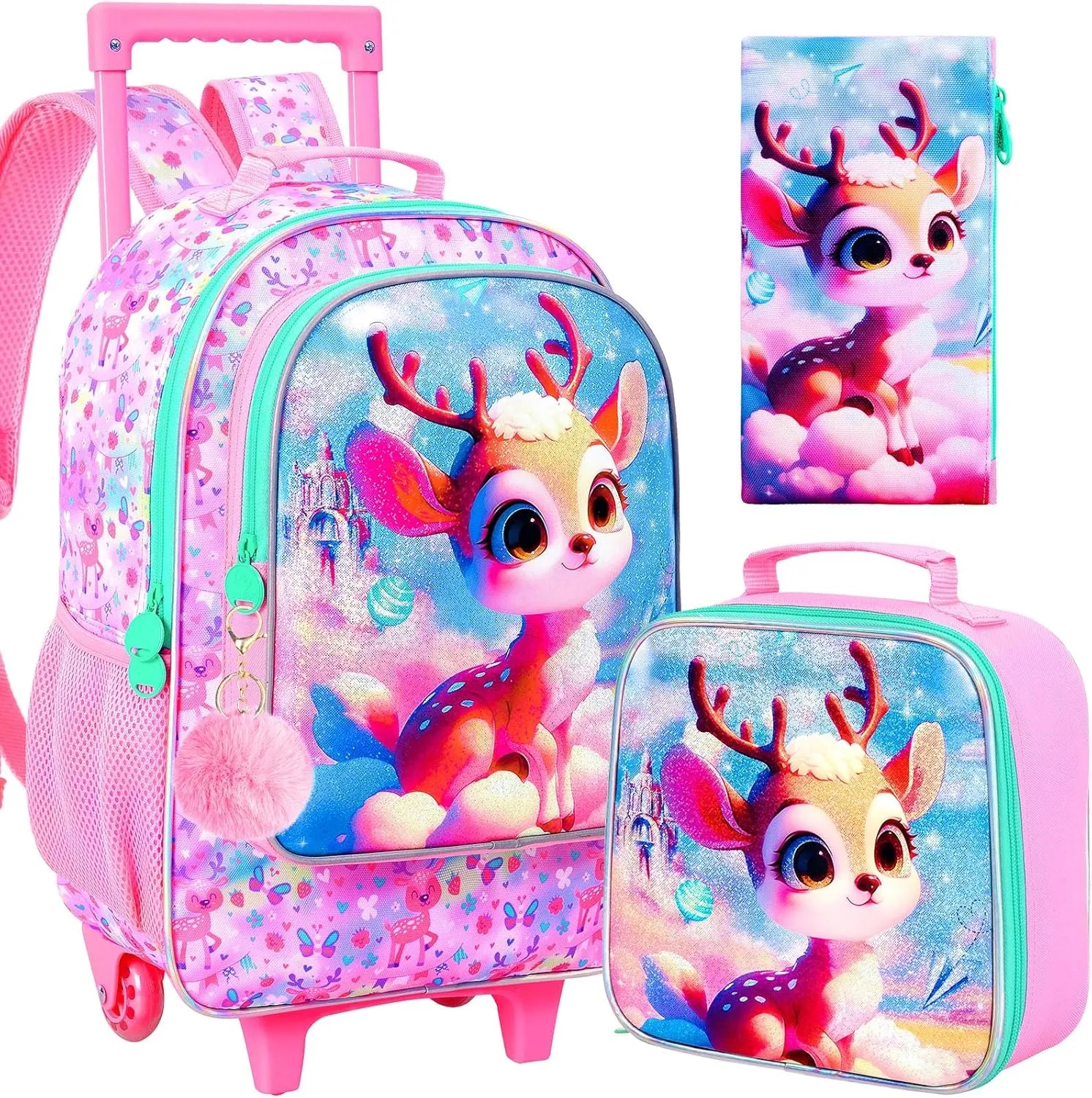 AGSDON 3PCS Kids Rolling Backpack, Girls Roller Wheels Bookbag, Wheeled Elementary School Bag with Lunch Bag - Deer