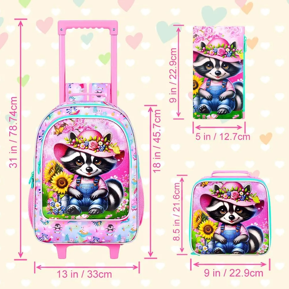 AGSDON 3PCS Kids Rolling Backpack, Girls Roller Wheels Bookbag, Wheeled Elementary School Bag with Lunch Bag - Raccoon
