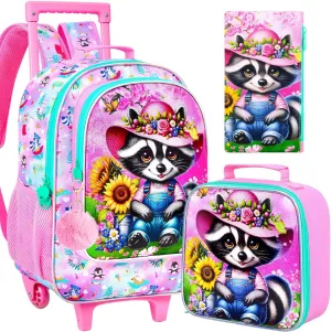 AGSDON 3PCS Kids Rolling Backpack, Girls Roller Wheels Bookbag, Wheeled Elementary School Bag with Lunch Bag - Raccoon