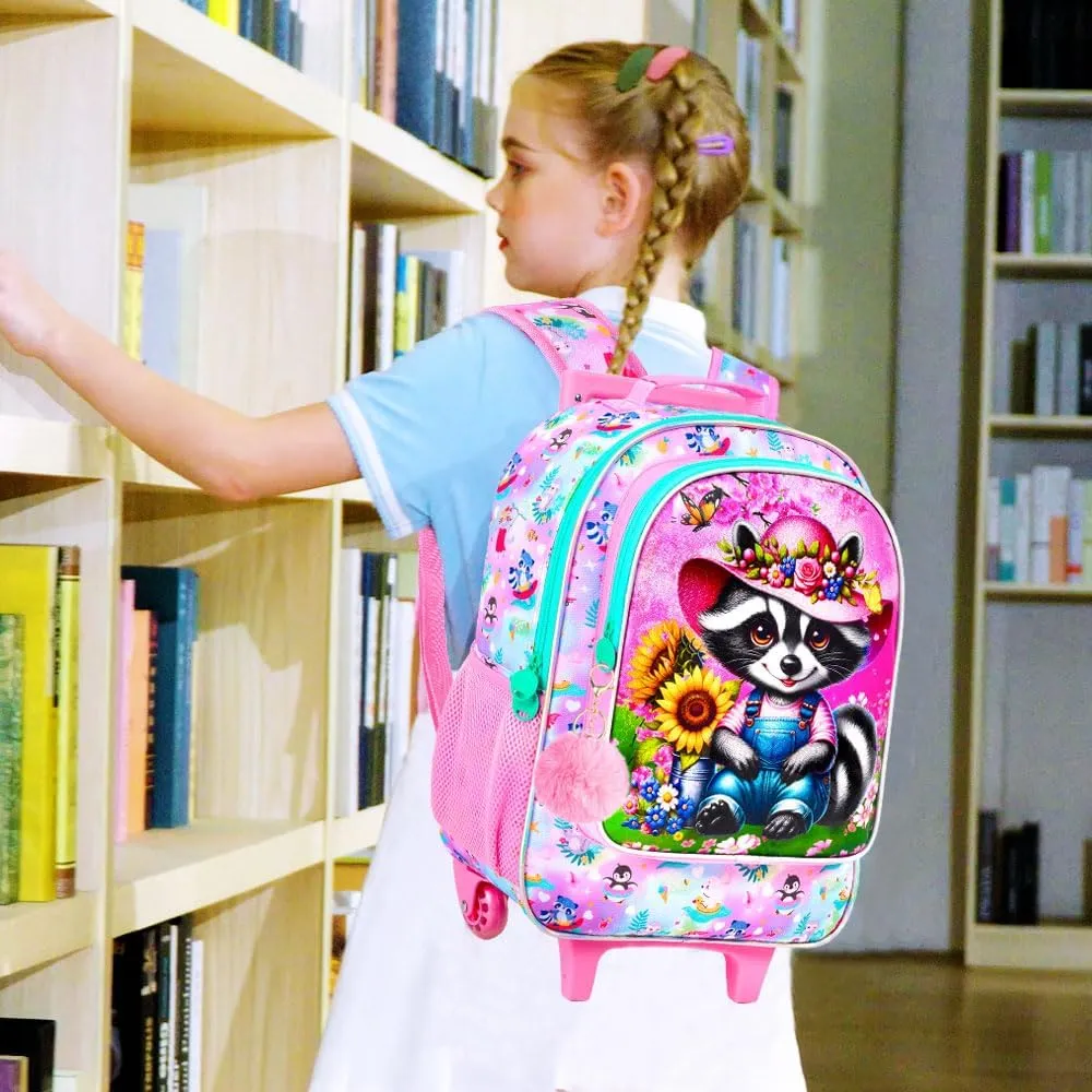 AGSDON 3PCS Kids Rolling Backpack, Girls Roller Wheels Bookbag, Wheeled Elementary School Bag with Lunch Bag - Raccoon