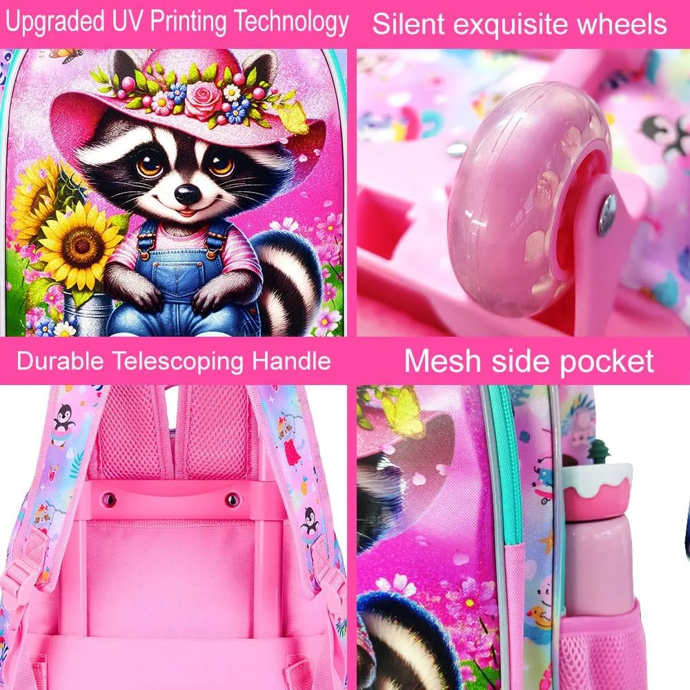 AGSDON 3PCS Kids Rolling Backpack, Girls Roller Wheels Bookbag, Wheeled Elementary School Bag with Lunch Bag - Raccoon