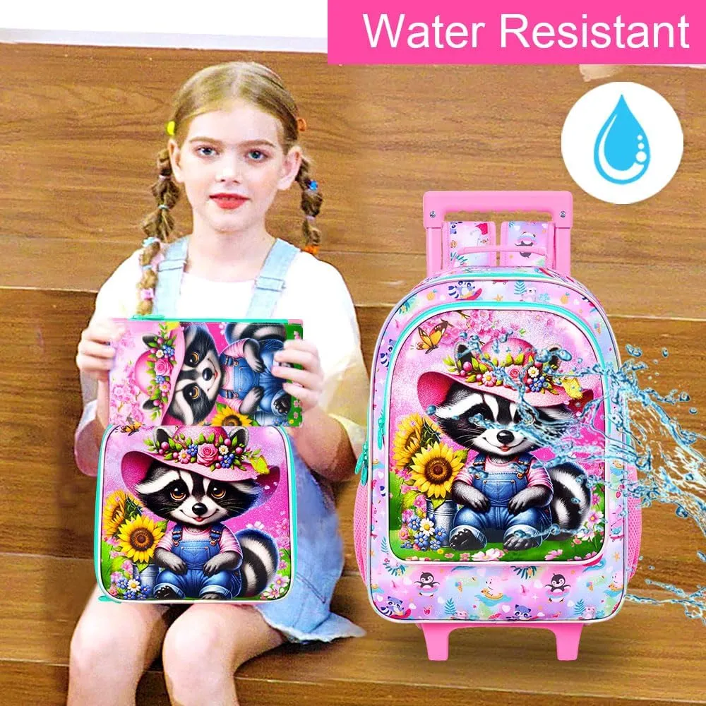 AGSDON 3PCS Kids Rolling Backpack, Girls Roller Wheels Bookbag, Wheeled Elementary School Bag with Lunch Bag - Raccoon