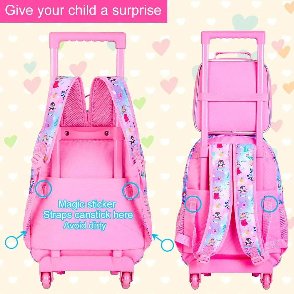 AGSDON 3PCS Kids Rolling Backpack, Girls Roller Wheels Bookbag, Wheeled Elementary School Bag with Lunch Bag - Raccoon