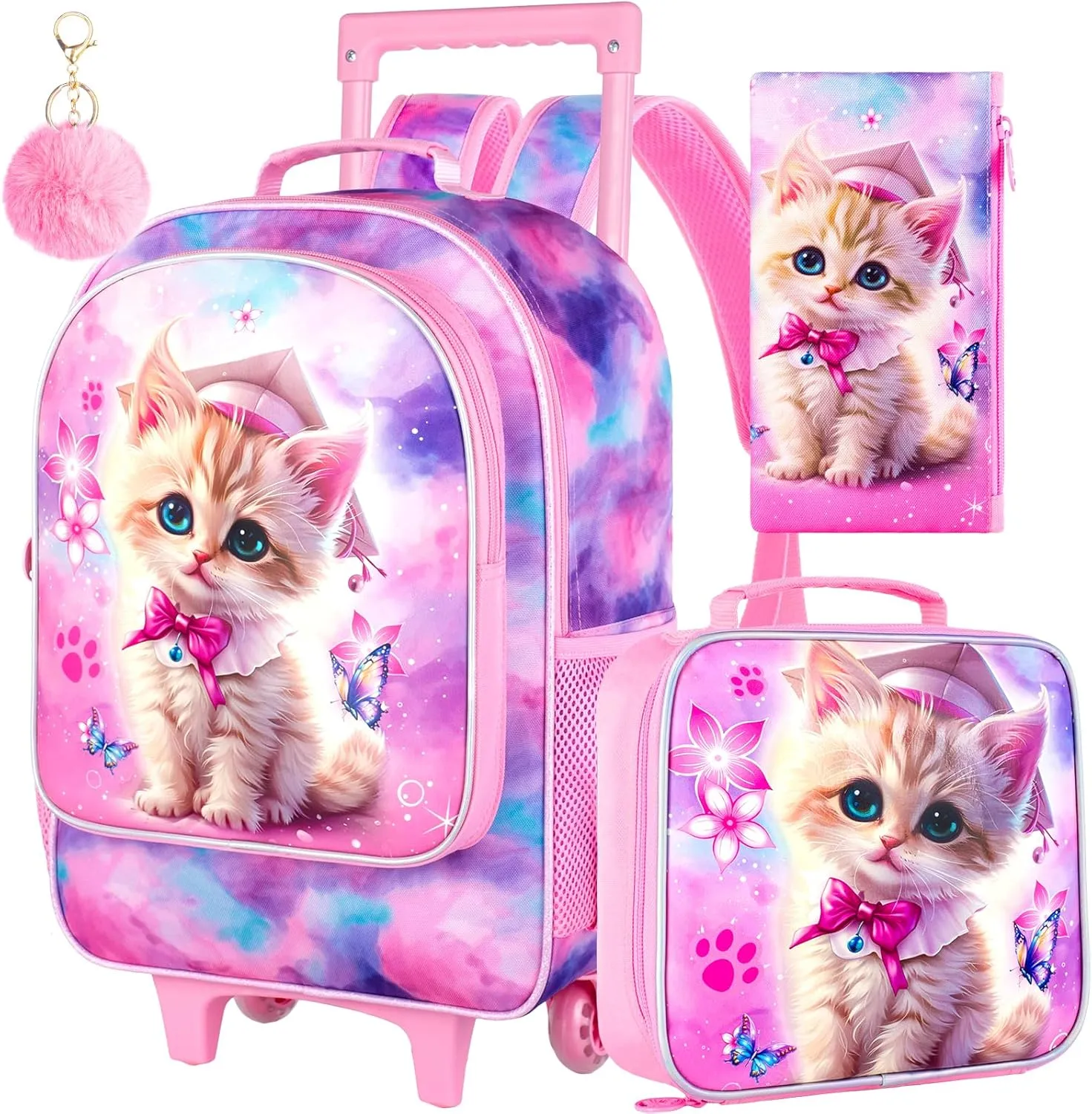 AGSDON 3PCS Rolling Backpack for Girls and Boys, Kids Roller Wheels Bookbag, Wheeled Elementary School Bag with Lunch Bag