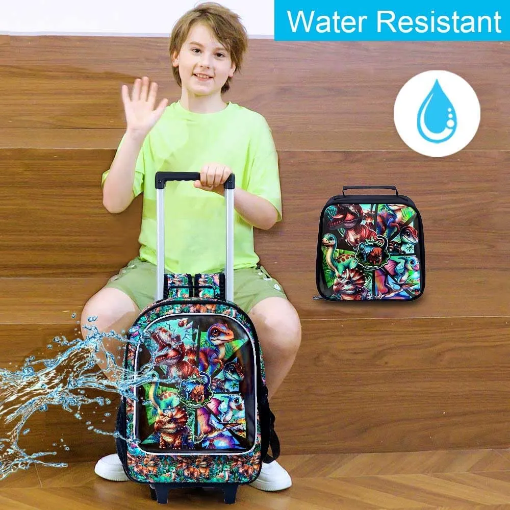 AGSDON 3PCS Rolling Backpack for Girls and Boys, Kids Roller Wheels Bookbag, Wheeled Elementary School Bag with Lunch Bag