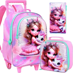 AGSDON 3PCS Rolling Backpack for Girls and Boys, Kids Roller Wheels Bookbag, Wheeled Elementary School Bag with Lunch Bag