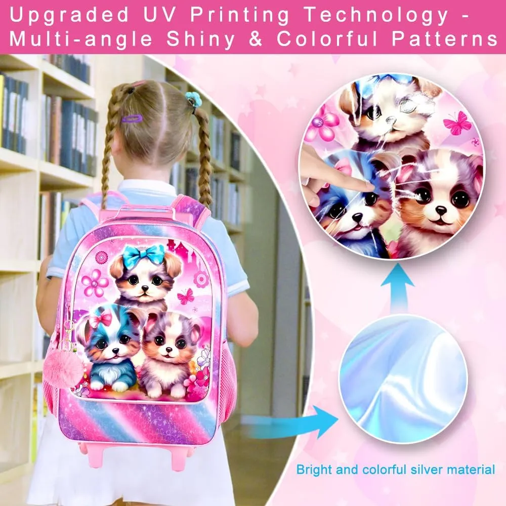 AGSDON 3PCS Rolling Backpack for Girls and Boys, Kids Roller Wheels Bookbag, Wheeled Elementary School Bag with Lunch Bag