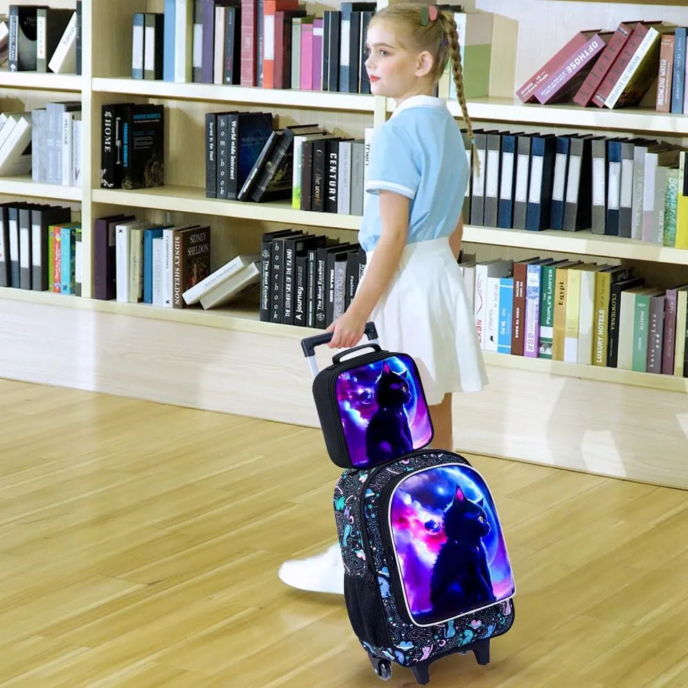 AGSDON 3PCS Rolling Backpack for Girls and Boys, Kids Roller Wheels Bookbag, Wheeled Elementary School Bag with Lunch Bag