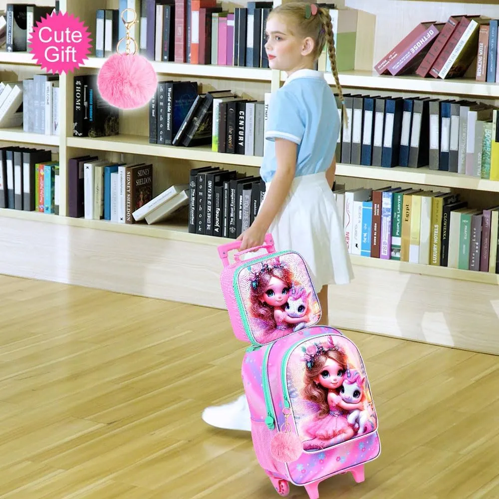 AGSDON 3PCS Rolling Backpack for Girls and Boys, Kids Roller Wheels Bookbag, Wheeled Elementary School Bag with Lunch Bag