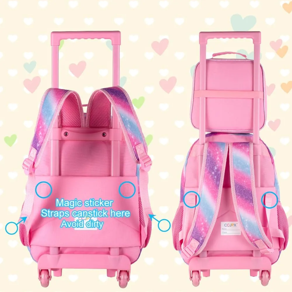 AGSDON 3PCS Rolling Backpack for Girls and Boys, Kids Roller Wheels Bookbag, Wheeled Elementary School Bag with Lunch Bag