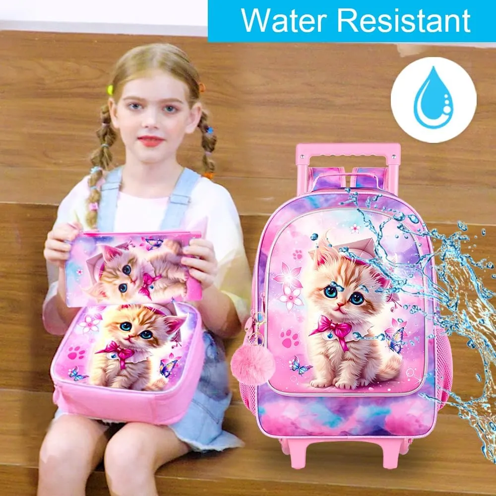 AGSDON 3PCS Rolling Backpack for Girls and Boys, Kids Roller Wheels Bookbag, Wheeled Elementary School Bag with Lunch Bag