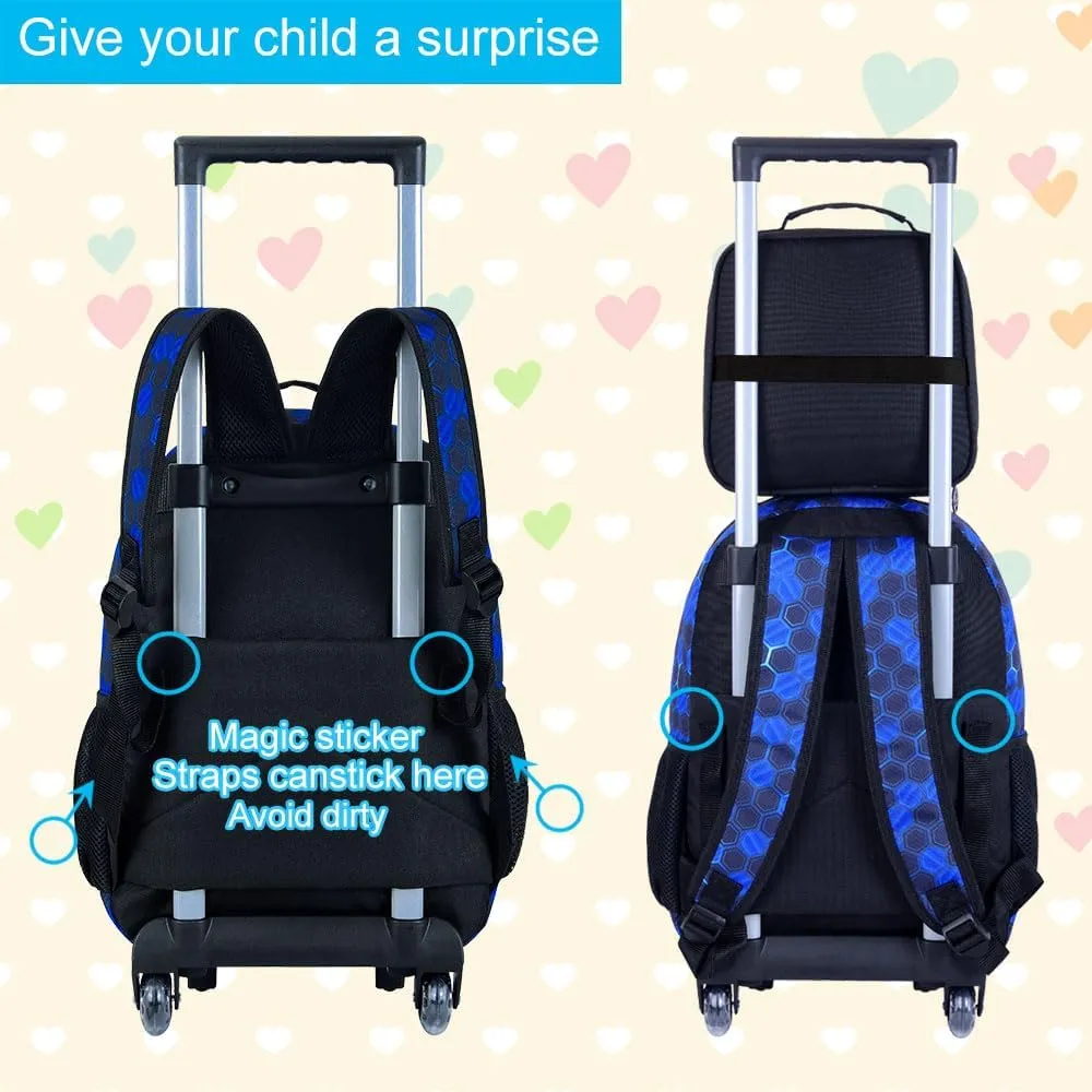 AGSDON 3PCS Rolling Backpack for Girls and Boys, Kids Roller Wheels Bookbag, Wheeled Elementary School Bag with Lunch Bag
