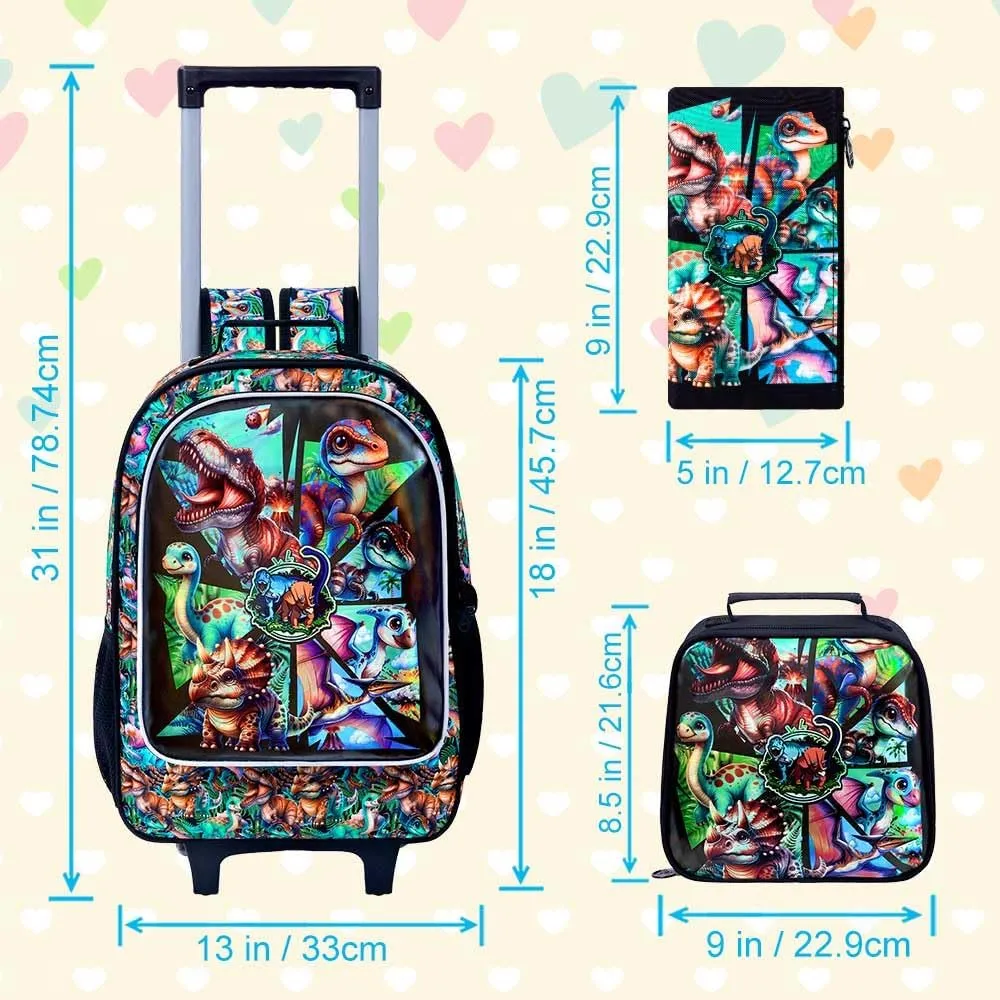 AGSDON 3PCS Rolling Backpack for Girls and Boys, Kids Roller Wheels Bookbag, Wheeled Elementary School Bag with Lunch Bag
