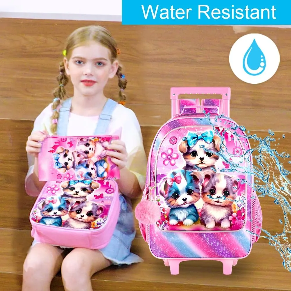 AGSDON 3PCS Rolling Backpack for Girls and Boys, Kids Roller Wheels Bookbag, Wheeled Elementary School Bag with Lunch Bag