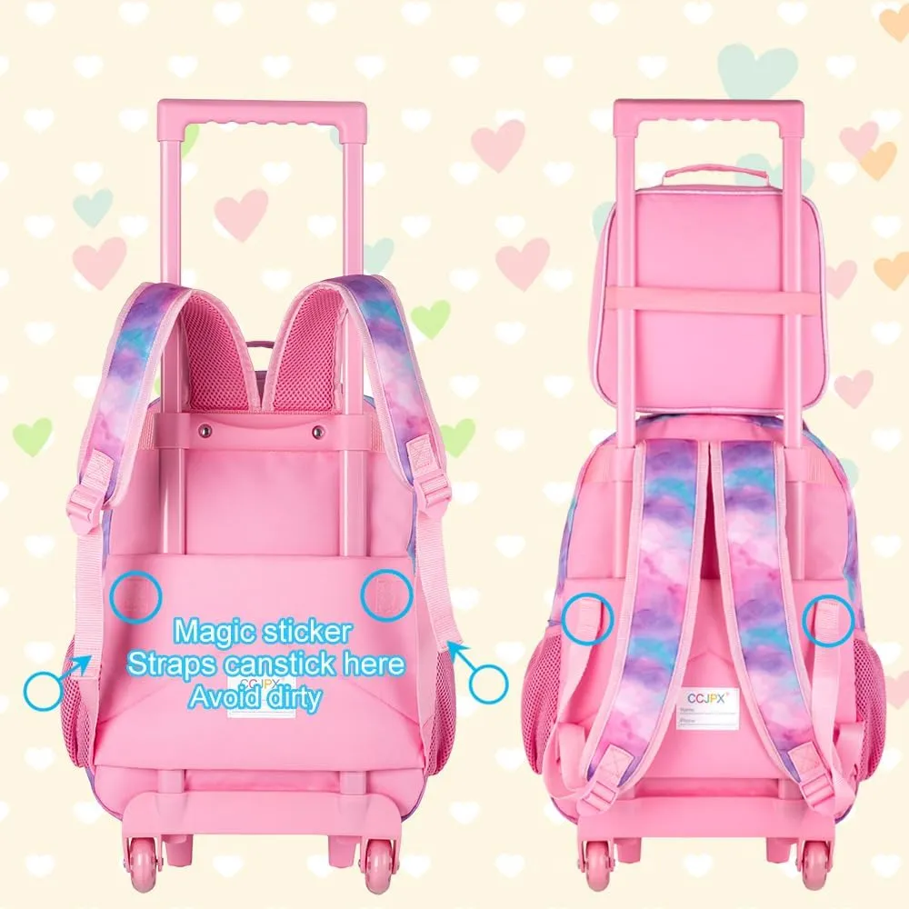 AGSDON 3PCS Rolling Backpack for Girls and Boys, Kids Roller Wheels Bookbag, Wheeled Elementary School Bag with Lunch Bag