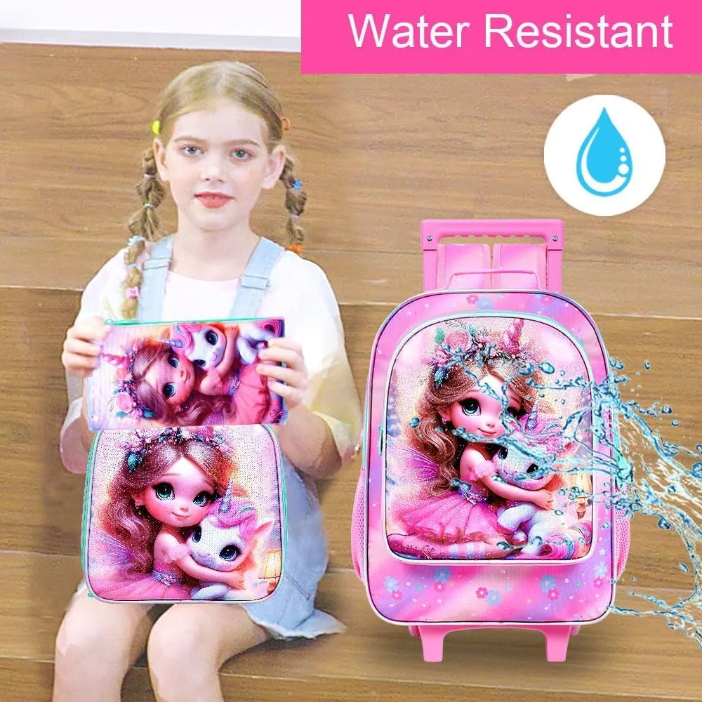 AGSDON 3PCS Rolling Backpack for Girls and Boys, Kids Roller Wheels Bookbag, Wheeled Elementary School Bag with Lunch Bag