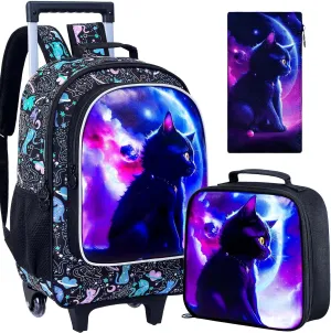AGSDON 3PCS Rolling Backpack for Girls and Boys, Kids Roller Wheels Bookbag, Wheeled Elementary School Bag with Lunch Bag